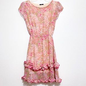 Gaan nude pink floral short sleeve ruffled dress S